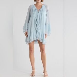Elegant Light Blue Ruffle Dress With Bell Sleeves. NWT SIZES Sm. And XL AVAIL